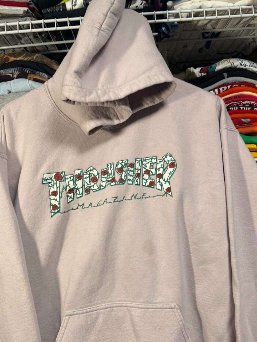 Thrasher rose graphic spell out pink pull over hoodie